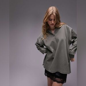 Topshop Premium basic oversized long sleeve polo top in‎ olive NWT Size M